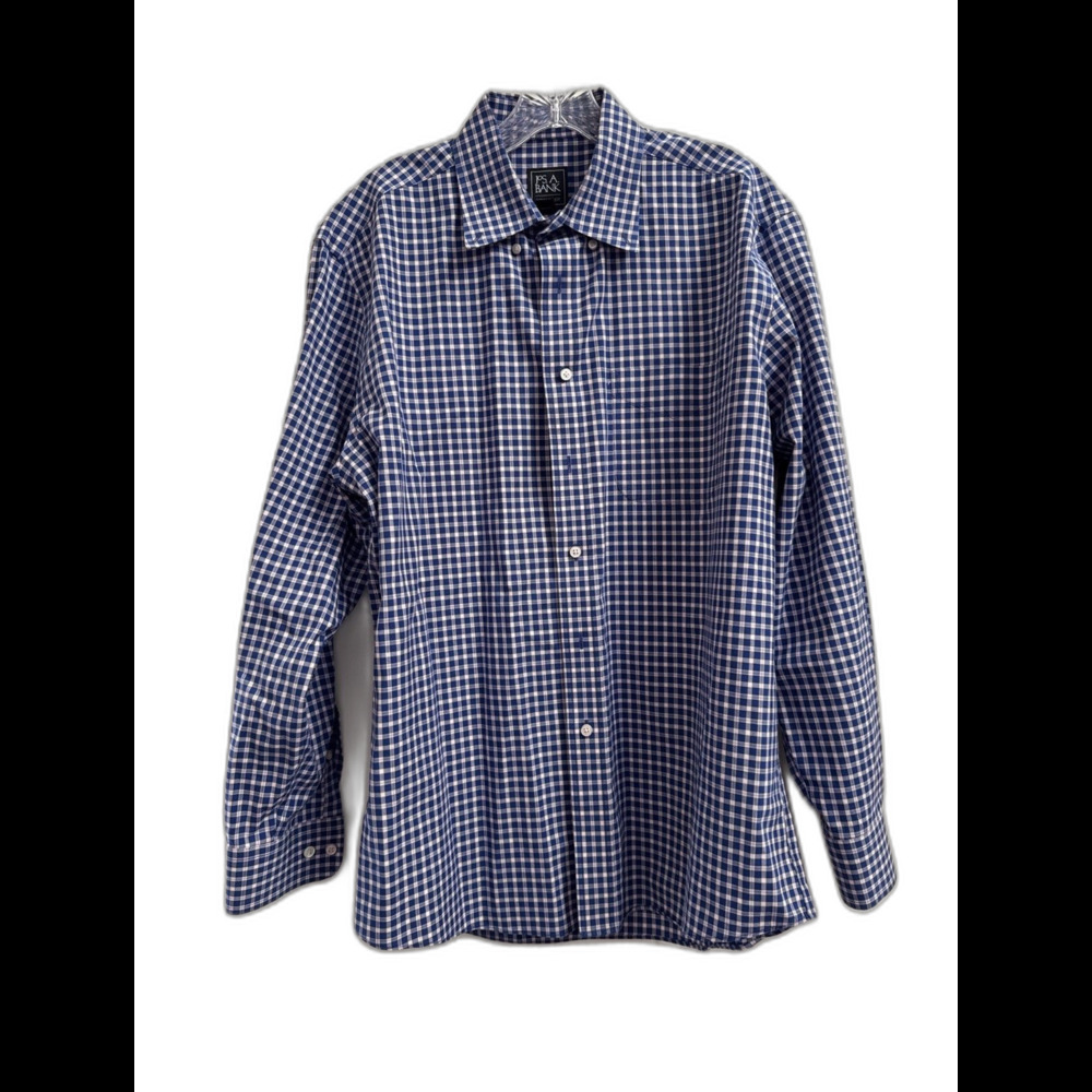 JOS. A. BANK Traveler’s Collection Tailored Fit Size L Plaid Blue Shirt Preppy